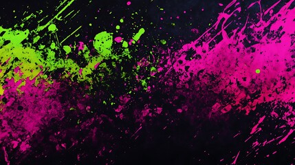 Bold magenta and neon green paint splashes creating an exciting gradient over a black background.