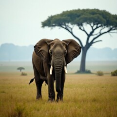 Obraz premium Elephant stands under misty savannah sky with acacia trees in the background , elephant, safari