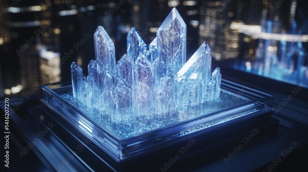 Poster futuristic data storage: crystalline structure in transparent case representing advanced analytics d