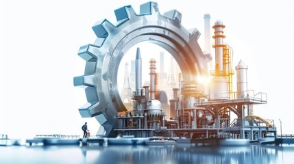 A realistic 3D effect visual with industries and factories standing in front of a large gear wheel on a white background