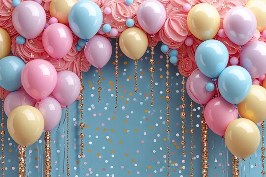 Charming Birthday Decorations with Pastel Balloons and Cascading Sequins Vector Illustration