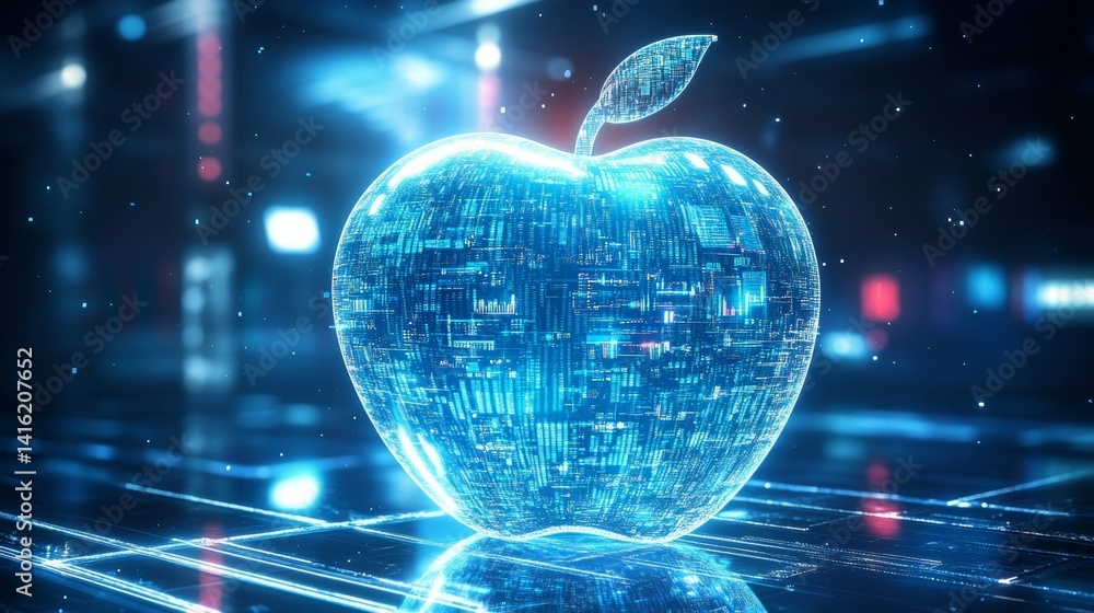 Poster digital apple analytics: data streams & neon glow innovative technology symbolizes modern learning a