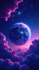 Fototapeta premium Ethereal planet with swirling purple clouds and starry night sky, planetary system, galaxy