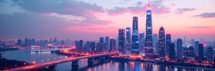 Naklejka premium Futuristic cityscape at dusk with sleek skyscrapers and neon lights, set against a white futuristic background , cityscape, skyscrapers, futurism
