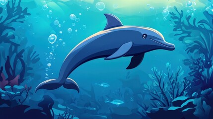 Fototapeta premium Dolphin Leaps through Coral Reef: A playful dolphin leaps gracefully through a vibrant coral reef, its sleek body illuminated by a sunbeam piercing the azure waters. Its cheerful spirit is contagious.