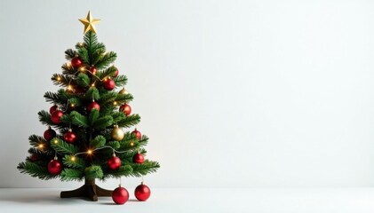 Evergreen Christmas tree with ornaments and lights against a white background , decorative lights, holiday season, snowy background