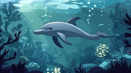 Obraz premium Dolphin's Underwater Dance: A playful dolphin gracefully glides through the clear ocean water amidst vibrant coral reefs, creating a symphony of serenity and underwater life.