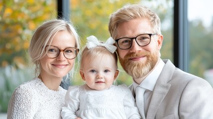 Happy family portrait smiling couple and toddler child
