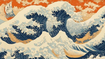 Ocean Wave Print: A dramatic depiction of powerful ocean waves, reminiscent of classic Japanese woodblock prints.