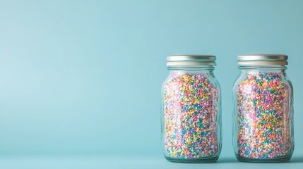Two glass jars filled with colorful sprinkles on light blue background perfect for baking desserts and party themes sweeten your designs with this cheerful image