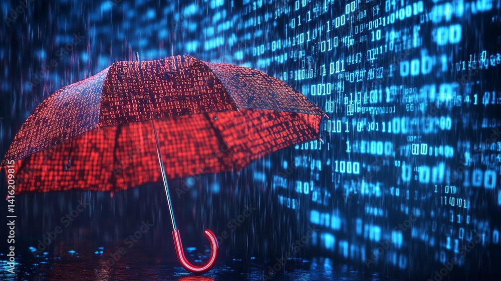 Poster cybersecurity protection concept: umbrella sheltering from binary code rain with neon highlights on 