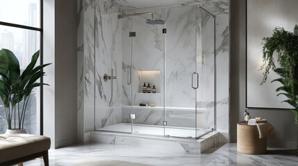 Modern bathroom featuring a large glass shower enclosure with marble accents