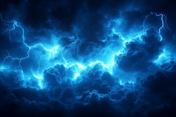 Vivid blue clouds filled with bright and powerful lightning strikes