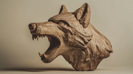 Wooden roaring wolf head sculpture: intricate carving with natural colors against a neutral background showcasing detail and a commanding presence 