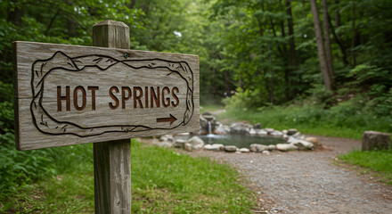Wooden Sign Directing to Hot Springs in a Lush Forest Setting