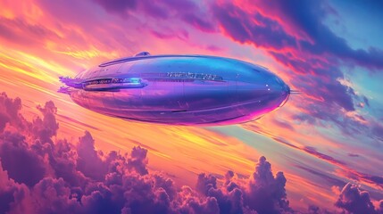 Fototapeta premium Futuristic aerial vessel drifting among cumulus clouds at radiant sundown