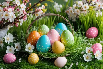 Fototapeta premium Radiant Easter Vision: Bright and Cheerful Eggs Amidst Green Grass and Blossoming Spring Arrangements