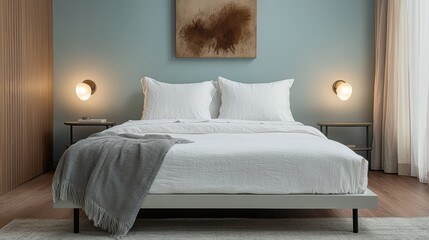 Modern bedroom interior featuring cozy bed with white linens and art