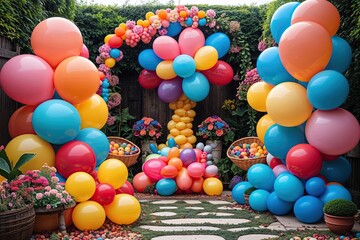Enchanting Whimsical Balloon Garden Background with Colorful Hues and Vibrant Arrangements