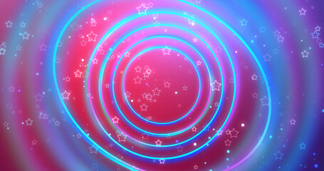 Joyful advertisement rings technology laser bg. Futuristic trending neon circles with blur moving stars shimmering falling backdrop. Rays with lights colorful rainbow beam. Dynamic geometric bg.