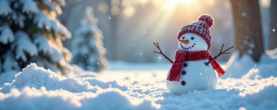 Frosty winter landscape with a joyful snowman in the center, serene, frosty