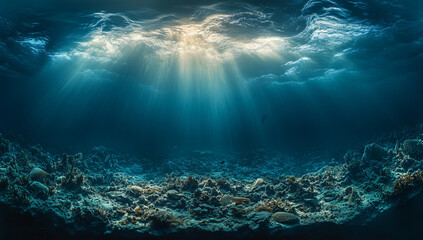 Sunbeams pierce the deep ocean, illuminating a serene underwater seascape.  A tranquil scene of coral and marine life.