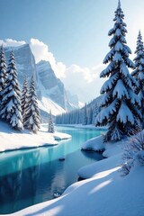 Frozen forest landscape with snow-covered trees and a frozen lake in the background, wintry, white