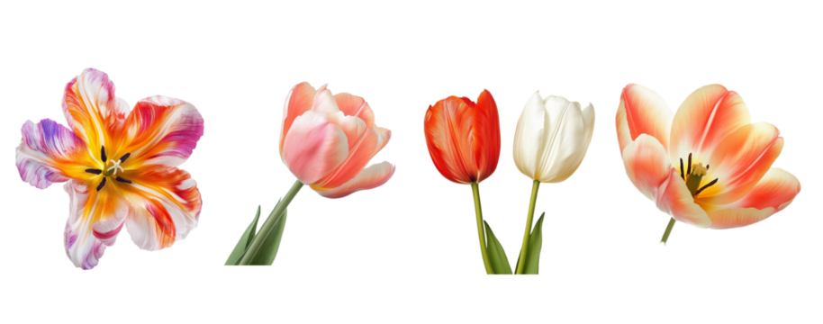 Tulip flowers, color variations close up, isolated in white background