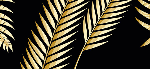 Obraz premium Golden Palm Leaves on Black Background_Elegant Tropical Design_Luxurious Botanical Illustration_Stylish Wallpaper_Nature Inspired Art_Modern Pattern