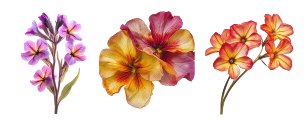 Wallflower variations, close up, isolated in white background