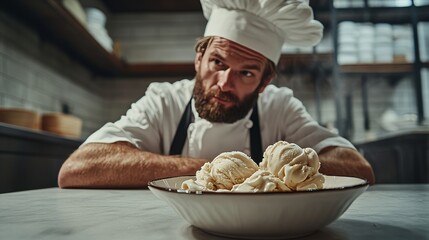 Chef rejects tempting ice cream dessert culinary professional choosing health over indulgence demonstrating willpower in a kitchen environment with creamy scoops