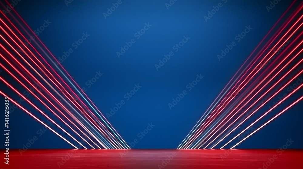 Aufkleber a dark blue background features multiple red and white neon lines converging at a central point on a