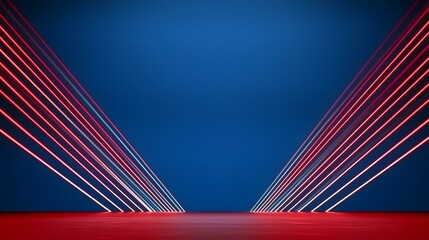 A dark blue background features multiple red and white neon lines converging at a central point on a red floor.