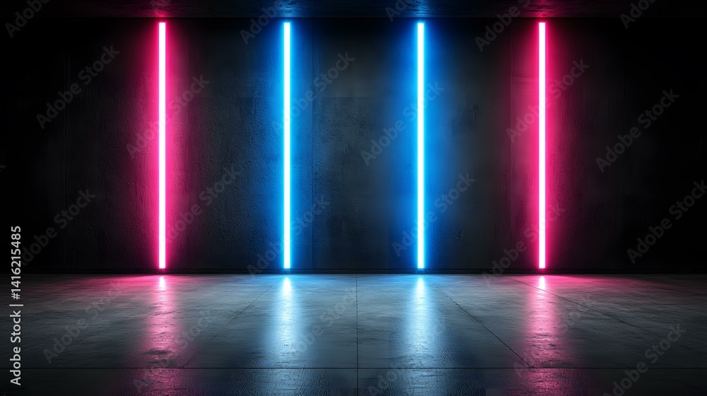 Poster a dark, empty room with a concrete floor is illuminated by three vertically aligned neon lights; one