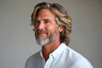 Obraz premium Pure white solid background. A joyful male captured in a professional portrait. Classy men's layered waves haircut - midlife white man with blond hair. Creative of style for aging men.
