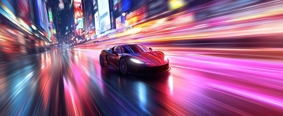 Fototapeta premium Dynamic Night Scene of a Sports Car Racing Through a Colorful Urban Environment with Neon Lights