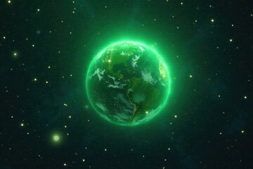 Fototapeta premium Glowing green planet surrounded by shimmering silver stars, glowing, glowing, stars