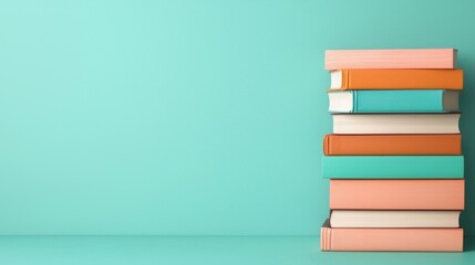 Fototapeta premium Stack of colorful books on a teal background