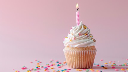 photography, birthday cupcake with candle, plain background with space for text, pastel shades