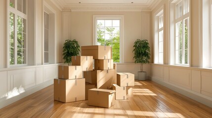 A stack of neatly arranged cardboard boxes in an empty room, showcasing the organized approach to moving house.