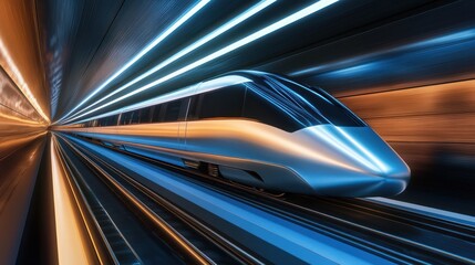 A futuristic high speed train speeding through a neon lit tunnel
