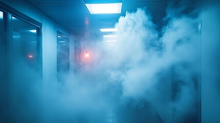 Smoky office corridor with flashing emergency lights: fire safety hazard concept thick grey smoke fills the hallway creating danger and concern 