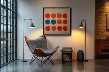 Bold and colorful polka dot artwork framed in black on a white wall, minimalist modern living room with sleek furniture, lighting, and stylish decor.
