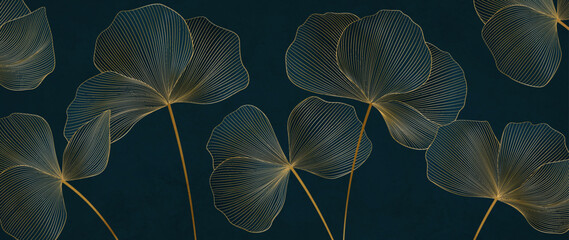 Luxury dark art background with golden flowers hand drawn in line style. Botanical banner for decor, print, textile, wallpaper, packaging, interior design. © VectorART