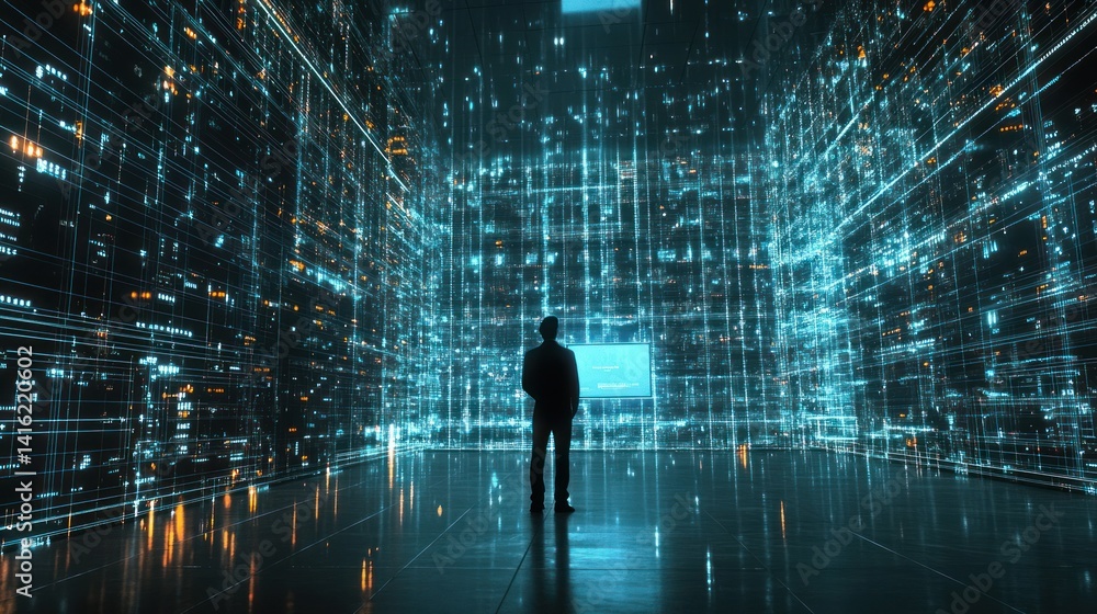 Poster silhouette of a person standing in a futuristic data center, surrounded by glowing digital code