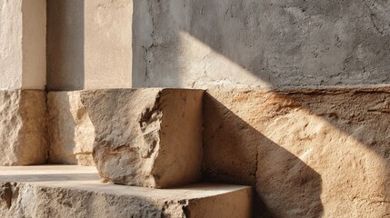 Close-up shot of rough stone steps with light casting shadows on the weathered surfaces