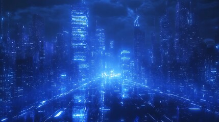 Fototapeta premium Futuristic Cityscape with Glowing Blue Lights
