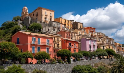 Colorful buildings of a town nestled into a hillside under a blue sky