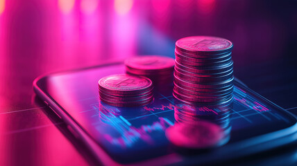 Stock market analysis on smartphone with coin stack showing financial growth and technology