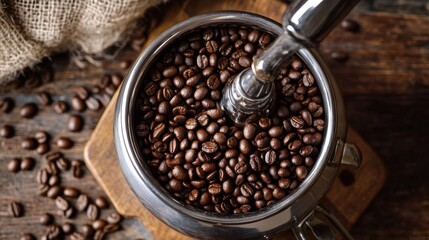 Freshly roasted coffee beans in a grinder